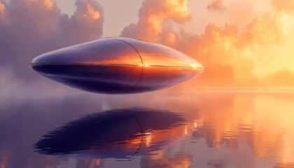 Obraz premium Futuristic vehicle reflected on tranquil water at sunrise