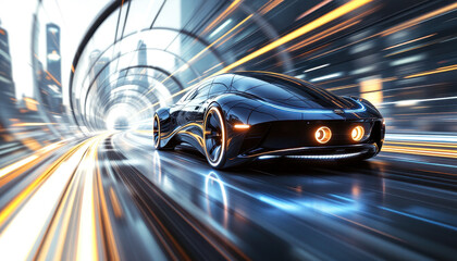 Obraz premium Futuristic electric car in high-speed motion through neon-lit tunnel for modern transportation design