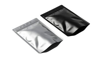 Sleek silver and black pouch bags present modern branding and packaging ideas