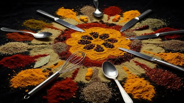 Colorful spice arrangement with utensils on dark surface