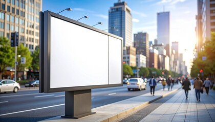 Large blank billboard for advertising mockup on a bustling city street with skyscrapers in the background during a sunny day.