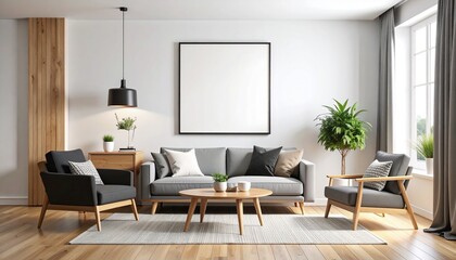 Modern living room interior with a grey sofa, wooden furniture, and a blank square poster frame on the white wall for mockup.