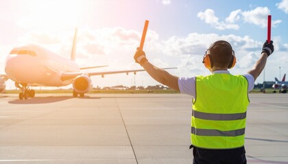 Fototapeta premium Airport ground marshaller guiding a commercial airplane on the tarmac. Aviation logistics and air traffic control concept with sunlight.