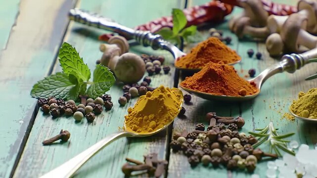 Image is a vibrant and colorful still life photograph featuring an assortment of spices and herbs arranged on a rustic, weathered wooden surface with a teal hue. The layout includes several metal spoo