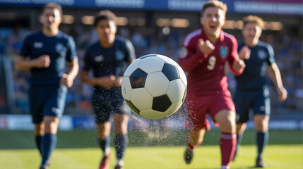 Fototapeta premium Exciting soccer match with players in action at a lively stadium during a sunny day