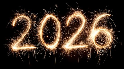 The numbers 2026 illuminated with sparkling light against a dark background, creating a festive and celebratory mood.