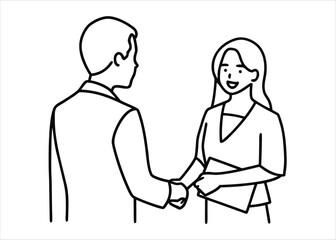 Minimalist continuous line art depicting a professional handshake between two business people in a modern office setting