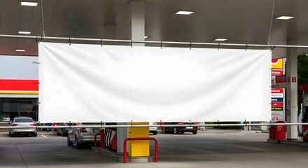 White banner mockup at gas station canopy with space for advertisement. Gas station advertisement offers prime promotional space. Use white banner mockup for branding,