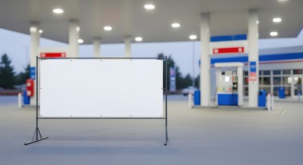 Billboard mockup stands prominently in front of illuminated gas station, advertising potential realized. Billboard mockup, with its blank canvas,