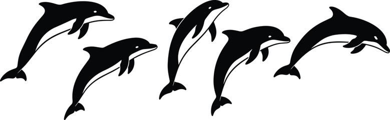 Dolphin silhouette vector pack, black marine animal icons, jumping pose set, aquatic sea life illustration, flat editable graphic