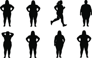 Cad Drawing Flat Vector Illustration, Plus Size Human Silhouettes, Standing Poses, Running Action, Editable Fitness Graphics, Inclusive Design Theme
