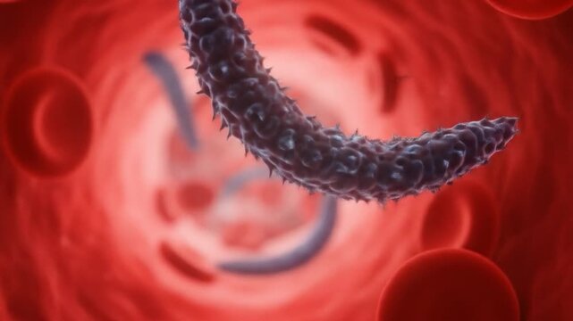 Microscopic parasites, blood cells through artery. Use Medical visualization