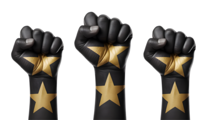 Empowering solidarity, fists raised in unity with striking golden star design