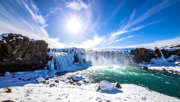 Icy waterfall cascading into turquoise pool under a bright sky