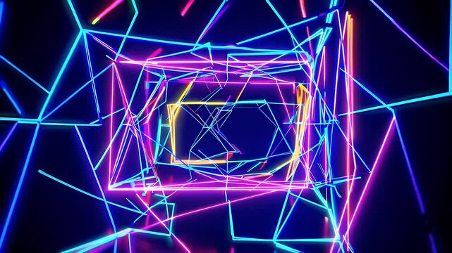 Radiant technicolour rectangle formed laser beams hovers darkness hues cycling through cyan magenta spectrum providing futuristic endlessly looping 4K border music performances esports overlays