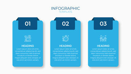 3 step infographic design with blue vertical cards, clean icons, and headings. Ideal for timelines, workflows, and business process presentations
