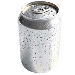 A cold unbranded silver aluminum beverage can covered in glistening water droplets and condensation with a sealed pull-tab top.