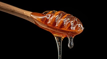 Honey drips from a wooden spoon on a black background, showcasing fine detail in an isolated, austere setting, with expert color grading and award-winning compositions.