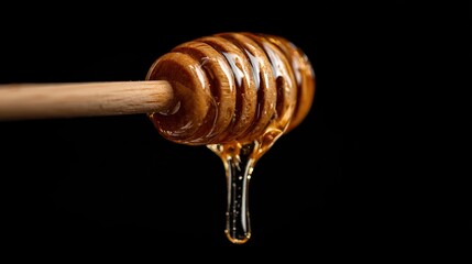 Honey drips from a wooden spoon on a black background, showcasing fine detail in an isolated, austere setting, with expert color grading and award-winning compositions.