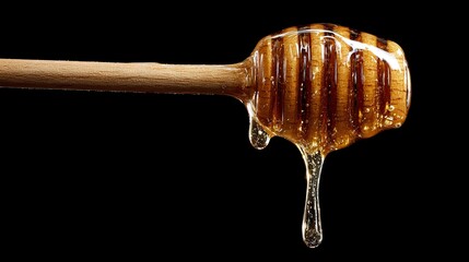 Honey drips from a wooden spoon on a black background, showcasing fine detail in an isolated, austere setting, with expert color grading and award-winning compositions.