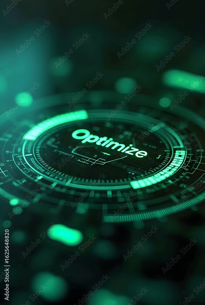 Poster green futuristic interface displays the word optimize, vertical composition. this vibrant digital ar