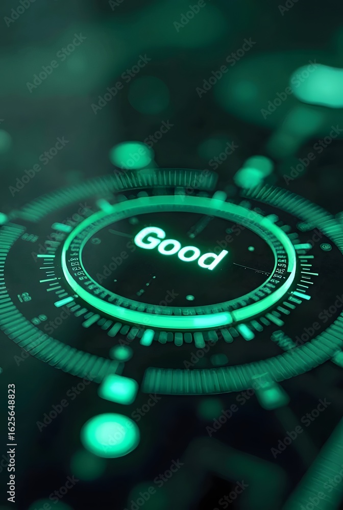 Aufkleber vibrant green hues illuminate a futuristic circular interface displaying the word good, vertical com