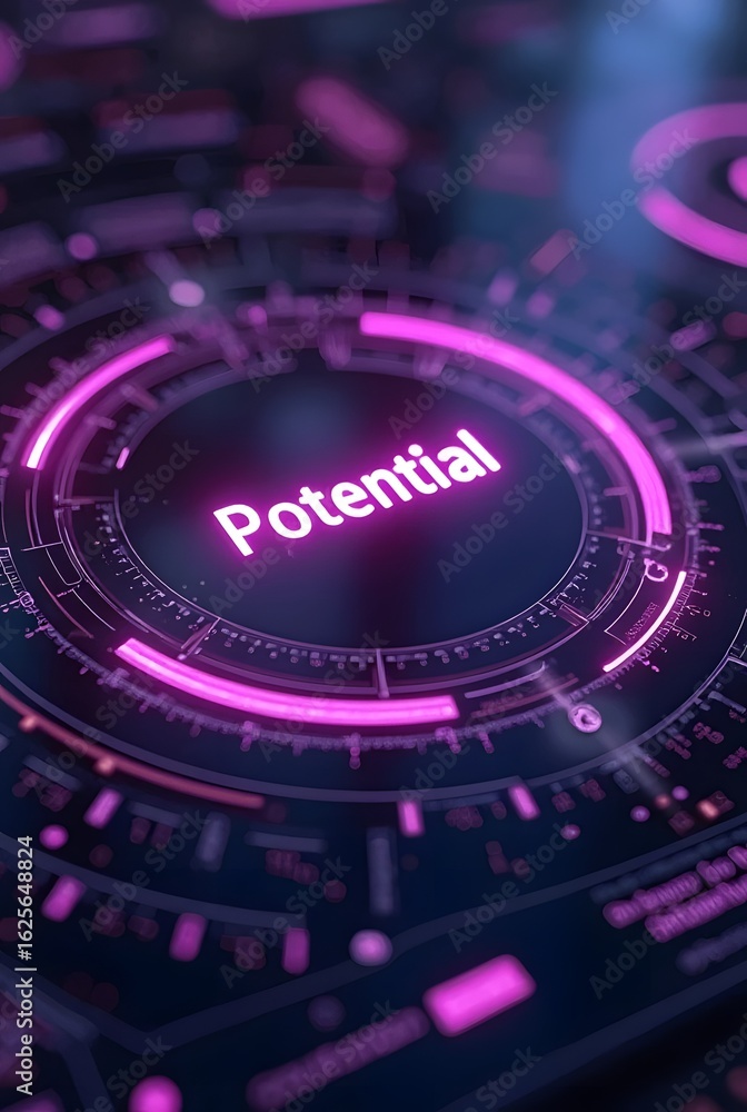 Poster abstract futuristic technology background displays the word potential in vibrant pink neon, vertical