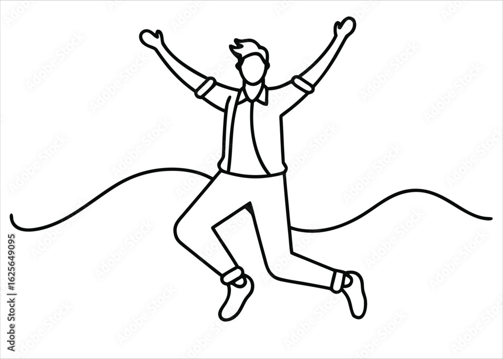 Poster joyful man expressing exuberance through a single continuous artistic line drawing capturing movemen