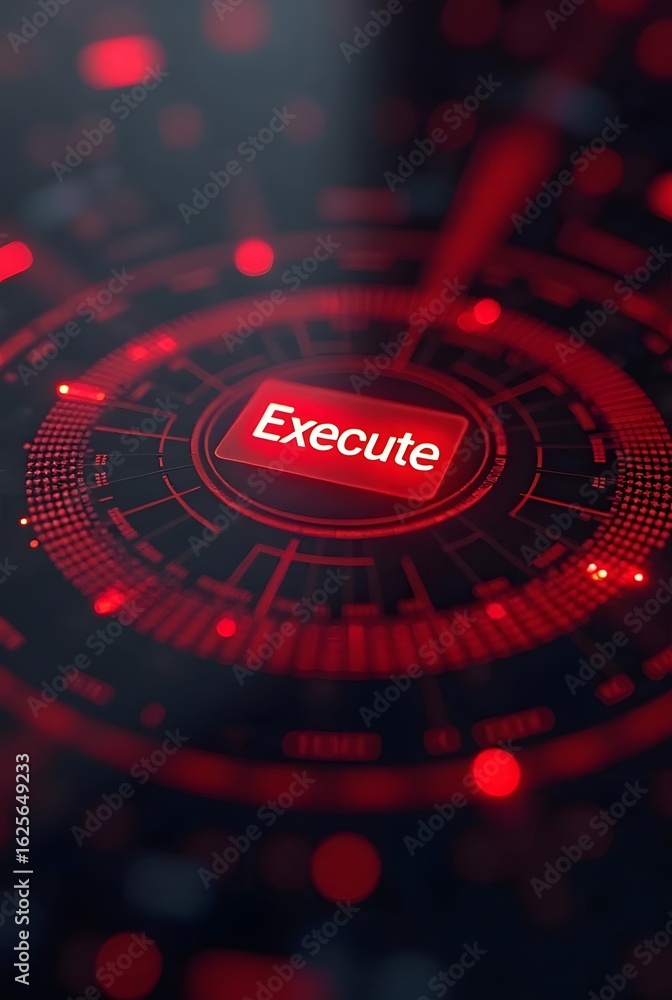 Poster red glowing button displays the word execute, vertical composition. this futuristic digital interfac
