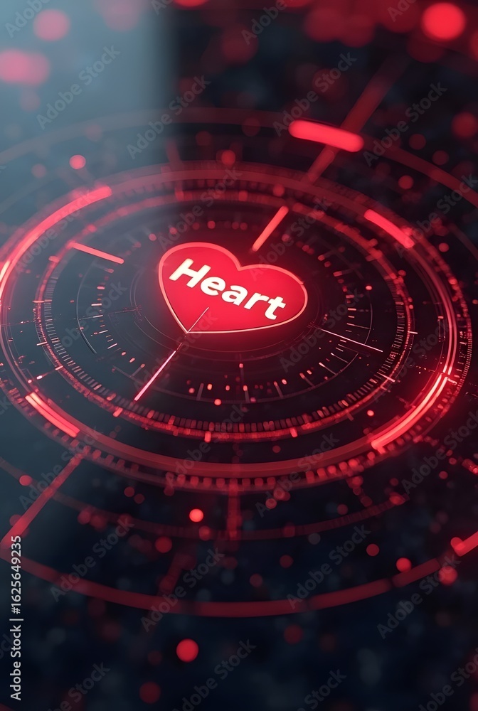Aufkleber glowing red heart icon digitally rendered within a futuristic circular interface, vertical compositi
