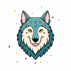 Naklejka premium Cartoon Wolf Face Illustration with a Unique Artistic Style and Decorative Background