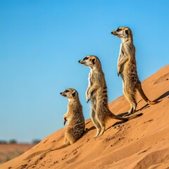 Fototapeta premium Meerkats Guarding Territory Three vigilant meerkats standing tall on a sunlit sand dune against a clear blue sky