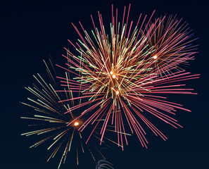 Colorful fireworks explode against the dark night sky, symbolizing celebration, joy, and festivity. Perfect for holidays, New Year&rsquo;s Eve, Independence Day, and festive party displays.