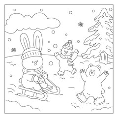 Cute Snow Animals Printable Coloring Sheet