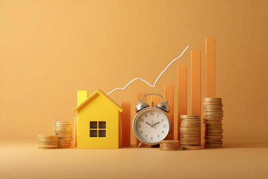 A yellow house model stands on the background of stacks and piles of coins, an alarm clock rings in front of it
