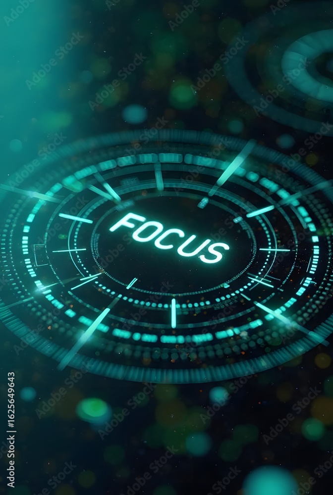 Poster abstract teal and black futuristic design features a glowing circular interface, vertical compositio