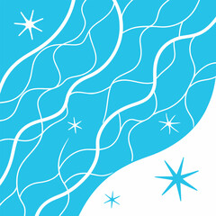 Wavy white lines traverse an ocean blue backdrop, scattered with simple star shapes