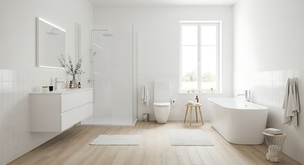 Scandinavian bathroom, white and pale oak wood blend, front view