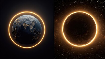 Two celestial orbs, Earth and a shadowed planet, encircled by golden rings