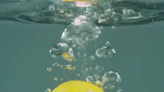 Underwater view of a yellow object creating bubbles, with a serene blue backdrop