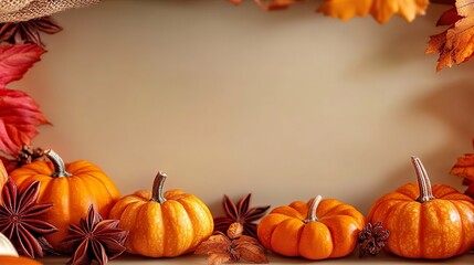Orange pumpkins with autumn leaves arranged along the bottom, seasonal fall banner with copy space, thanksgiving concept