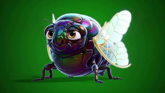Colorful cartoon insect with large wings on a vibrant green background, showcasing unique features