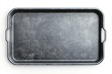 Rectangular, dark gray metal tray with handles