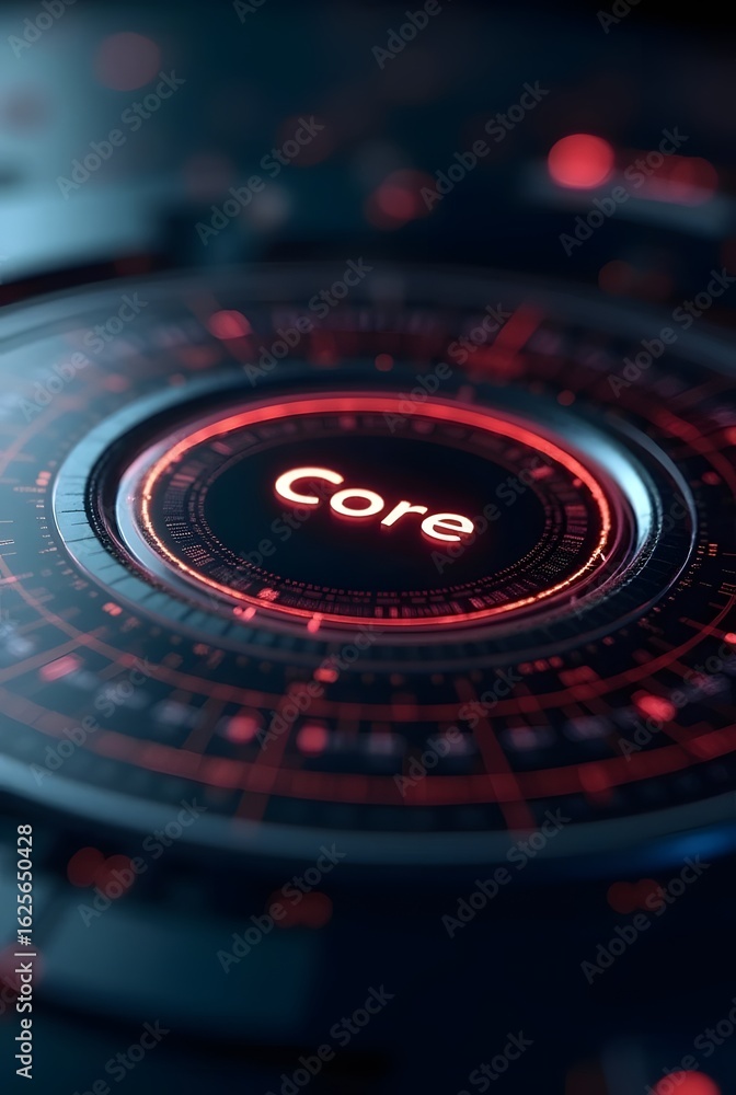 Poster red and blue tones create a futuristic aesthetic in this image, vertical composition. the central co