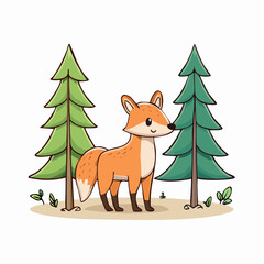 Naklejka premium Charming fox illustration amidst lush green trees, a whimsical forest scene for children
