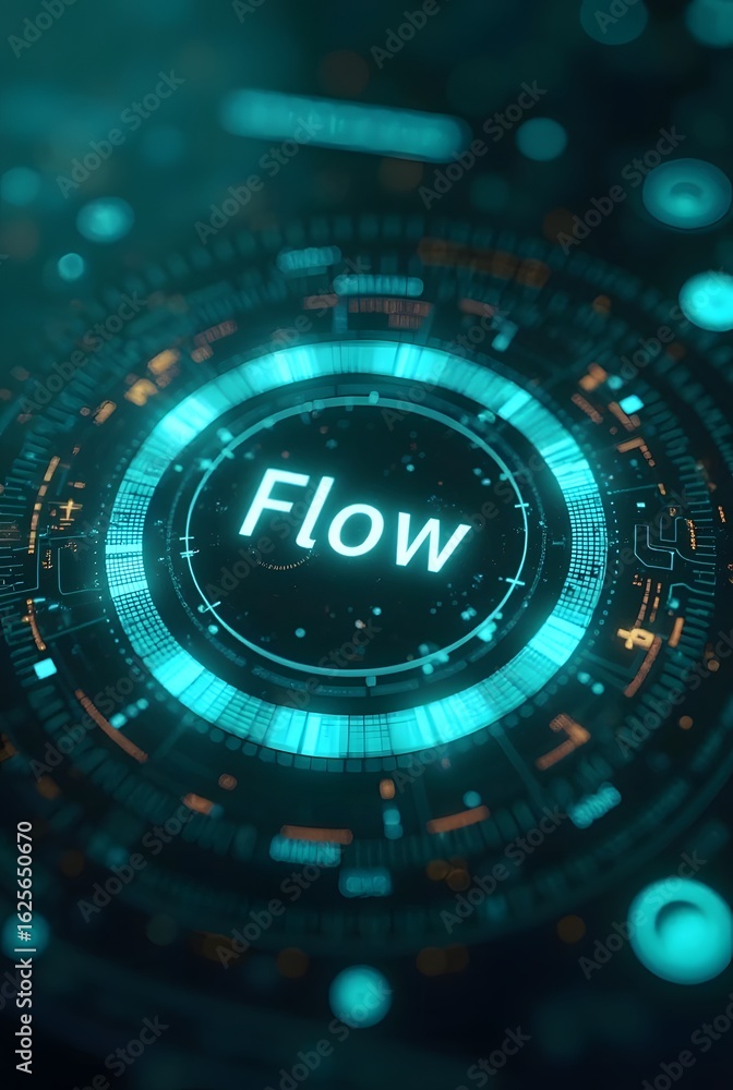 Poster abstract teal and orange futuristic hud design, vertical composition. the central word flow is illum