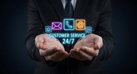 24/7 Customer Service Support: Businessman Holding Digital Icons