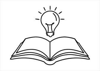 Continuous one line art drawing of a light bulb illuminating an open book symbolizing knowledge and inspiration
