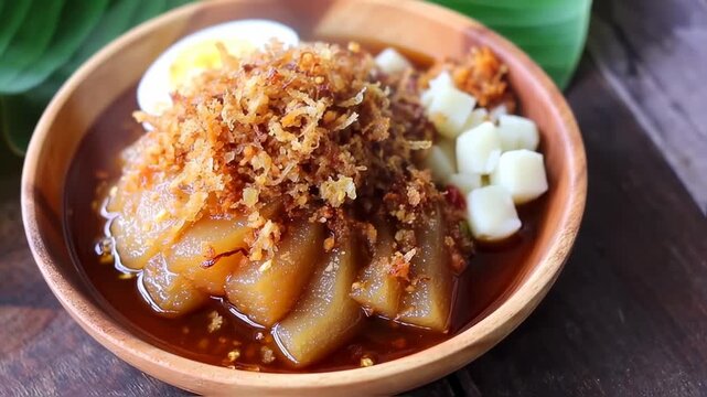 Indonesian Traditional Culinary Dish: Lontong Balap with Tofu, Eggs, and Fried Onions