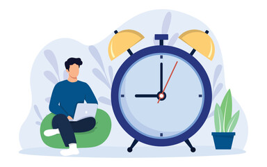 Young man near huge clock with laptop. Time management concept planning, organization, working time. Time organization efficiency. Schedule job project team. Organizing efficient work process.